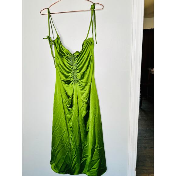 SANDRO Green Satin V-Neck Slip Style Ruched Hourglass Zola Dress Size US 8 - Picture 3 of 13